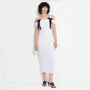 Blue Off-Shoulder Midi Dress with Black Bows